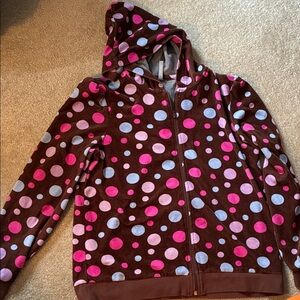 Hanna Andersson velour  Polka Dot Hoodie - Brown, Pink, blue.  size M